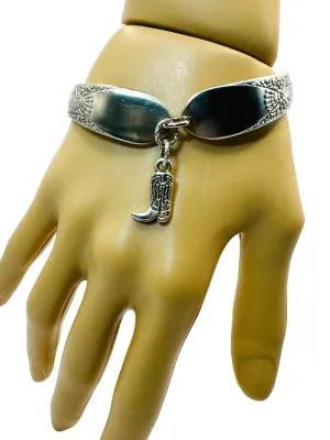 Hand Crafted Silverware Bracelet Floral Design Artisan Crafted Cuff with Cowboy Boot Charm