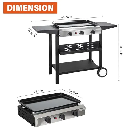 Hykolity 3 Burner Flat Top Gas Griddle with Ceramic Coated Iron Pan, 30,000 BTU Outdoor Propane BBQ Griddle, Stainless Steel Barbecue Gas Grill for Camping, Tailgating, Cooking