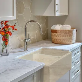 Italian Handmade Ceramic Farmhouse Double Sink with Travertine Appearance