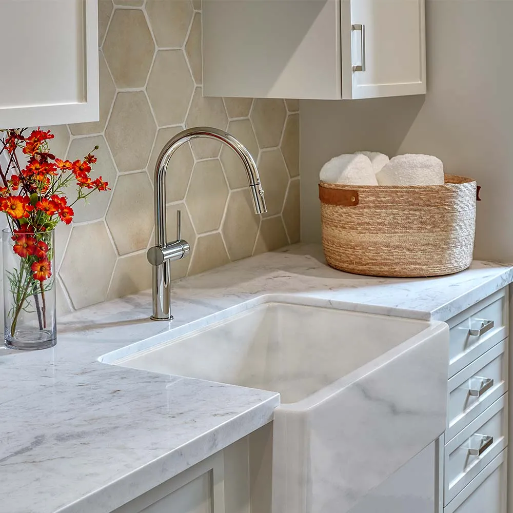 Italian Handmade Ceramic Farmhouse Sink in Carrera Marble Appearance