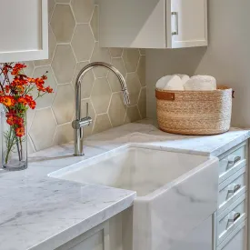 Italian Handmade Ceramic Farmhouse Sink in Carrera Marble Appearance