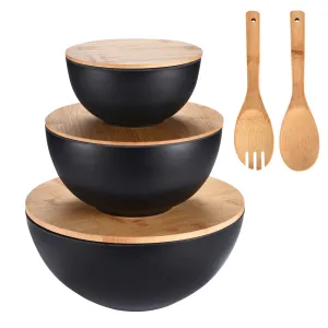 Salad Serving Bowls With Lids - Bamboo Fiber Bowl Set With Wooden Lids - Multi-P