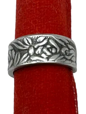 Stainless Steel Vintage Spoon Ring with Rose Pattern Size 7